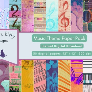 Muziekpatroon digitaal afdrukbaar papierpakket, plakboekpapier muzikaal, band, patroonachtergrond digitale download persoonlijk commercieel gebruik