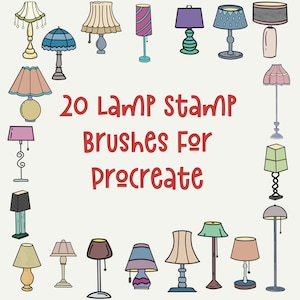 May include: A collection of 20 lamp stamp brushes for Procreate, featuring various lamp designs. The lamps are in different styles, with shades in colors like pink, blue, and green. The text "20 Lamp Stamp Brushes For Procreate" is in red.