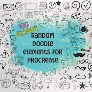 May include: A collection of 100 hand-drawn doodle stamps for Procreate, featuring various icons like a cloud, envelope, target, calendar, baseball, star, laptop, checkmark, and more. The text reads "Random Doodle Elements for Procreate."