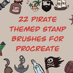 May include: An illustration featuring pirate-themed elements, including a treasure chest, pirate ship, skull and crossbones, and a map. The text reads "22 Pirate Themed Stamp Brushes for Procreate."