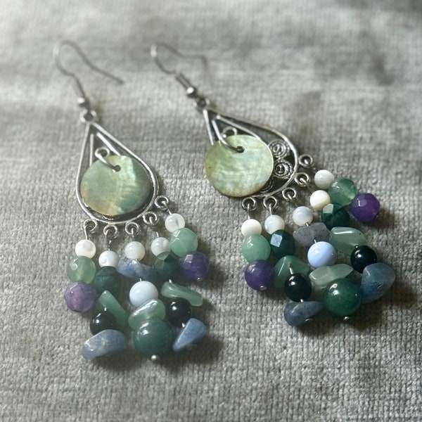 Dreamy Abalone Chandelier Earrings - Handmade Crystal Chip Gem Stone Dangles