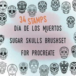 Juego de 34 sellos de pincel con calaveras de azúcar del Día de Muertos para Procreate / Calaveras decorativas dibujadas a mano / Gráficos del Día de los Muertos