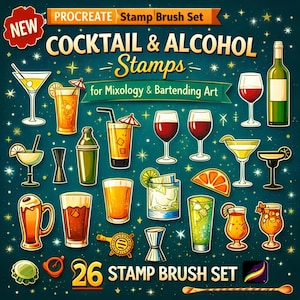 Conjunto de Pincéis para Procreate - 26 Carimbos de Coquetéis e Bebidas Alcoólicas para Arte em Mixologia e Bartenders