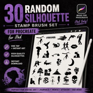 Pode incluir: Um conjunto de pincéis digitais para Procreate no iPad com 30 silhuetas pretas, incluindo animais, pessoas e ícones da natureza. A tela mostra a coleção, uma caneta stylus e o texto 30 RANDOM SILHOUETTE STAMP BRUSH SET.