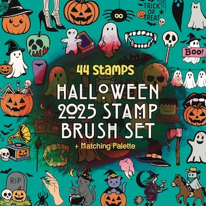 Op de afbeelding: Een turquoise achtergrond met Halloween-illustraties: pompoenen, geesten, schedels, vleermuizen en katten. De tekst luidt: "44 Stamps Halloween 2025 Stamp Brush Set + Matching Palette".