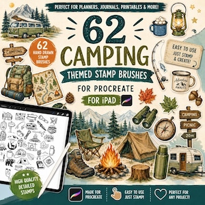 May include: An illustration promoting 62 camping-themed stamp brushes for Procreate on iPad. The image features camping-related graphics like a tent, campfire, and camper van. Text includes "Easy to use, just stamp & create!" and "Perfect for any project!"