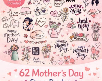 May include: A collection of 62 Mother's Day stamp brushes for Procreate, featuring various illustrations. Includes floral designs, hearts, and text such as "Love You Mom" and "Happy Mother's Day". The color palette is primarily pink and red.