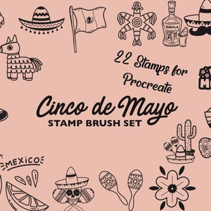 Pinceles para sellos del Cinco de Mayo para Procreate / 22 sellos de festividades mexicanas / Gráficos / Creación de patrones / Descarga digital