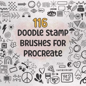 Doodles Mega Set Procreate スタンプ ブラシ - パターン、イラスト、デジタル アート、Procreate ブラシ用の手描き落書きスタンプ 116 個