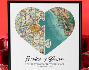 Personalized Long Distance Relationship Gift, Heart Map on Canvas, Dating Anniversary, Boyfriend Gift Long Distance, Valentine&#39;s Day Gift