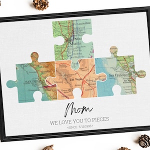 Personalized Puzzle Adventure Map Canvas Print With 2-6 Maps, Long Distance Wall Art, Anniversary Gift, Long Distance Map, Mother's Day Gift Black Framed Canvas