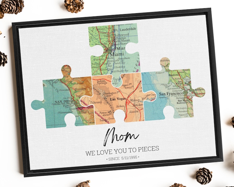 Personalized Puzzle Adventure Map Canvas Print With 2-6 Maps, Long Distance Wall Art, Anniversary Gift, Long Distance Map, Mother's Day Gift Black Framed Canvas