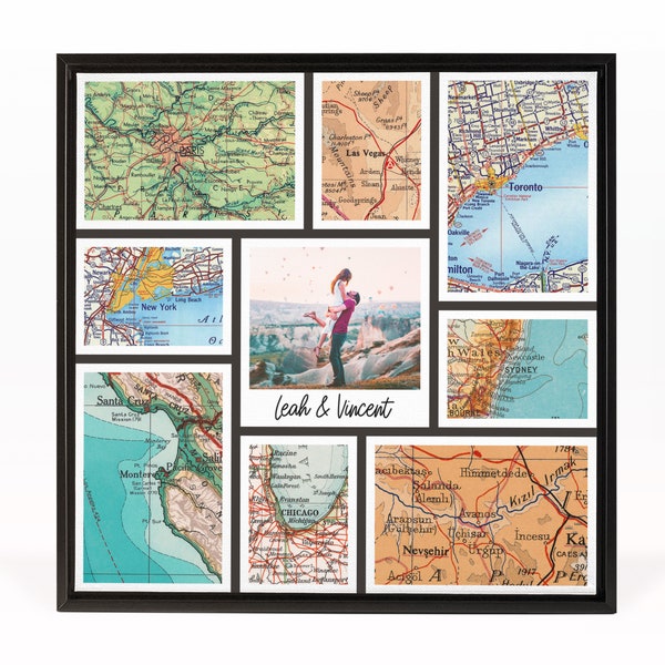 Personalized Vintage Map Collage, Travel Photo Canvas