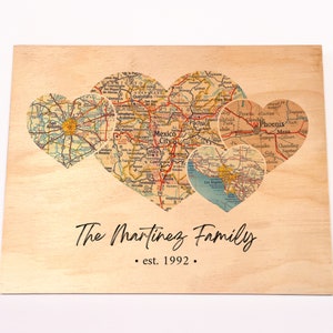 Personalized Long Distance Family Maps on Wood: 3-5 locations, Custom Travel Poster, Family Reunion, Wedding Gift, Wedding Anniversary Gift