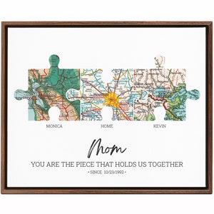 A perfect long-distance relationship gift for mom - puzzle pieces with vintage maps showing the places where her children live.