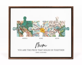 Personalized Puzzle Adventure Map Canvas Print With 2-6 Maps, Long Distance Wall Art, Anniversary Gift, Long Distance Map, Mother's Day Gift