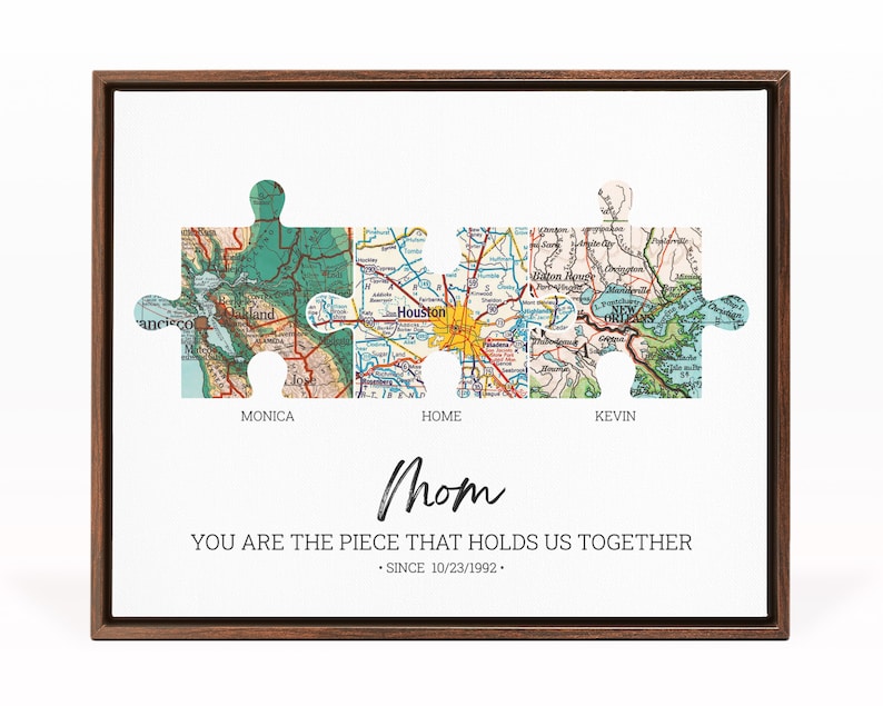 A perfect long-distance relationship gift for mom - puzzle pieces with vintage maps showing the places where her children live.