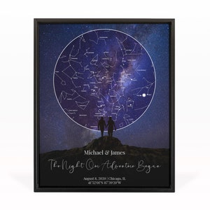 Lgbt Custom Star Map By Date On Canvas, Gay Wedding Gift, Anniversary Gifts, Star Map Framed, Star Map Print, Night Sky Print, Night Sky Map