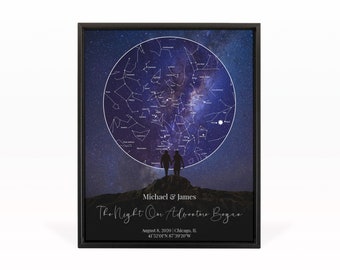 Lgbt Custom Star Map By Date On Canvas, Gay Wedding Gift, Anniversary Gifts, Star Map Framed, Star Map Print, Night Sky Print, Night Sky Map
