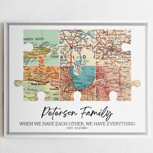 Personalized Puzzle Adventure Map Canvas Print With 2-6 Maps, Long Distance Wall Art, Anniversary Gift, Long Distance Map, Mother's Day Gift White Framed Canvas