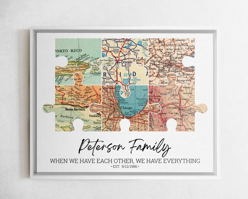 Personalized Puzzle Adventure Map Canvas Print With 2-6 Maps, Long Distance Wall Art, Anniversary Gift, Long Distance Map, Mother's Day Gift White Framed Canvas