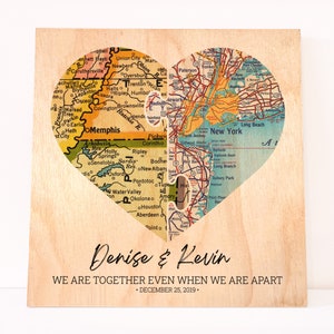 Personalized Heart Map Print On Birch Wood, Valentine's Day Gift Idea, Vintage Map Print, Long Distance Relationship Gifts, Anniversary Gift