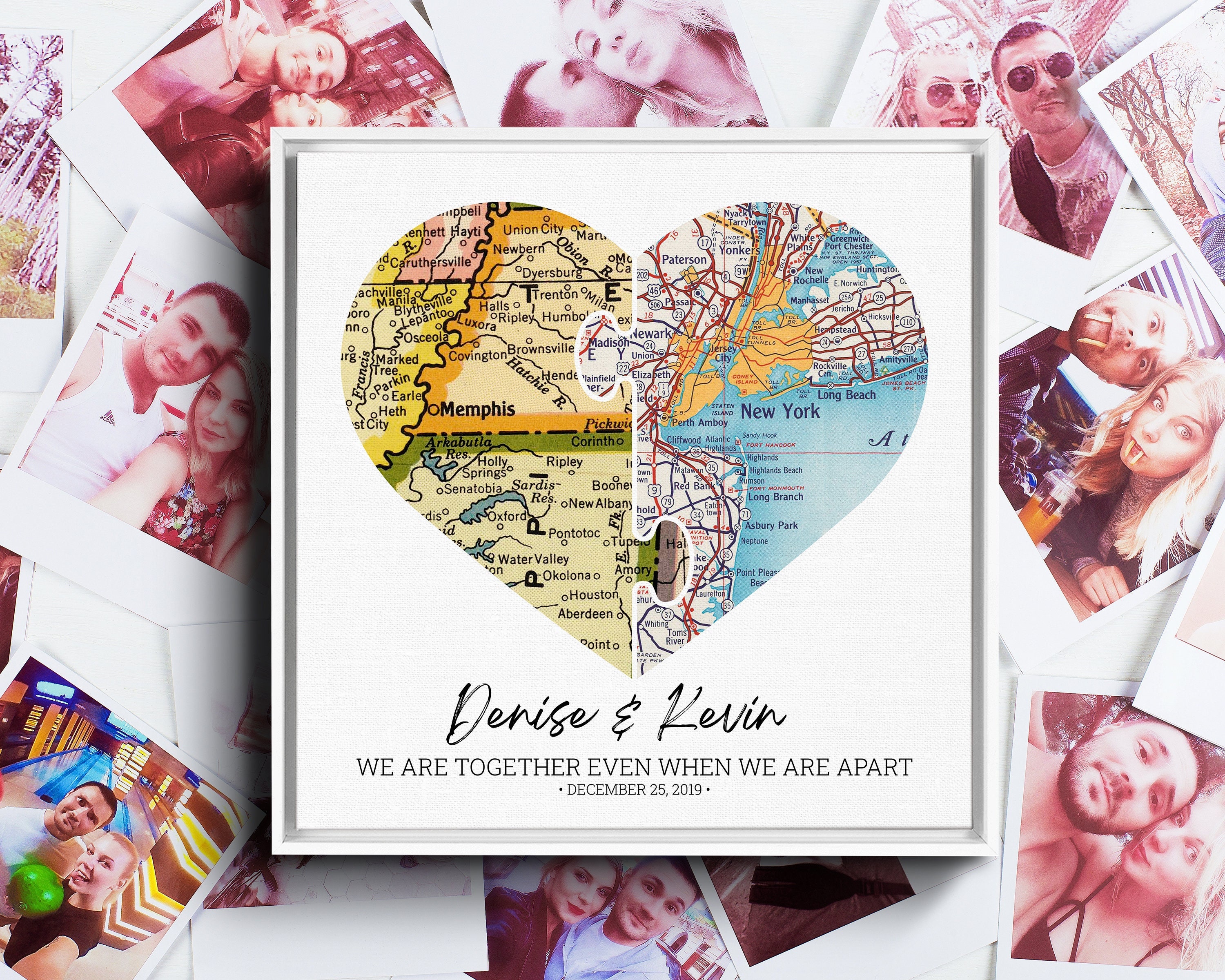 Personalized Heart Map Canvas Print: Long Distance Relationship Gift