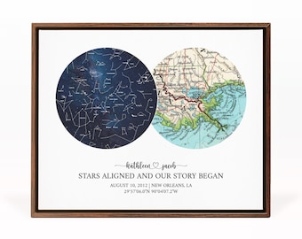 Custom Star Map And A Vintage Map On Canvas, Star Map Framed, Star Map By Date, Anniversary Gift, Personalized Gift, Valentine&#39;s Day Gift