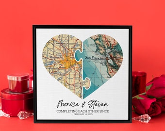 Personalized Long Distance Relationship Gift, Heart Map on Canvas, 1 Year Anniversary, Boyfriend Gift Long Distance, Valentine's Day Gift