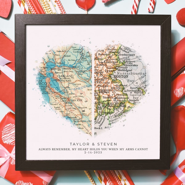 Personalized Heart Shaped Map for Long Distance Relationships, Valentine's Day Gift for Him or Her, 1 Year Anniversary Gift for Boyfriend