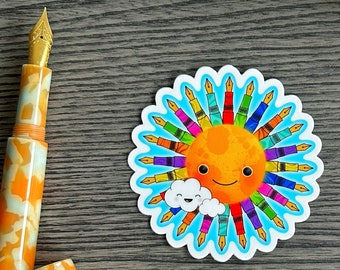 Pen Sun - Fountain Pen Vinyl Sticker - Happy Rainbow Sunshine Pens - Cute Pen Gift