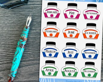 Fountain Pen Ink Bottle Planner Stickers - Months, Monthly