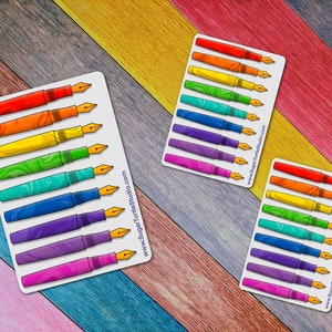 May include: A sheet of rainbow colored fountain pen stickers with a swirl pattern. The stickers are on a white background and have the website address "www.SugarTurtleStudio.com" printed on the bottom right corner.
