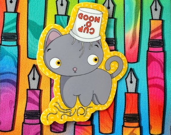 かわいい猫カップヌードルビニールステッカー - かわいい猫ステッカー - カップヌードル猫いたずらステッカー