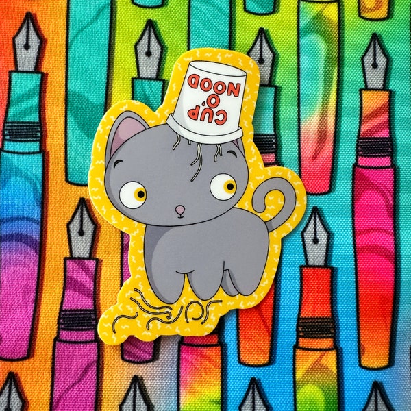 Kawaii Cat Cup o' Noodles Vinyl Sticker - Cute Cat Sticker - Cup of Noodles Cat Mischief Sticker