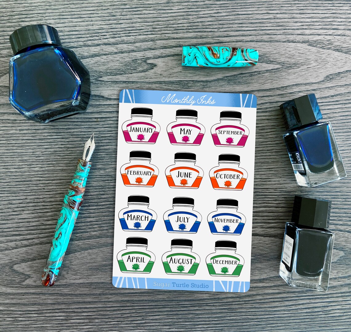 Fountain Pen Ink Bottle Planner Stickers Months Monthly Etsy