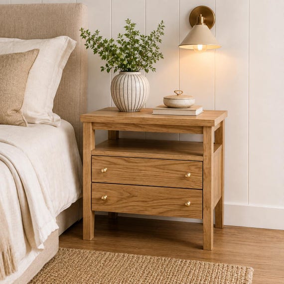Premium Solid Oak Nightstand with 2 Drawers and Shelf – Handmade Wooden Bedside Table with Gold Knobs, 60x40x55 cm (23.6"x15.7"x21.6")