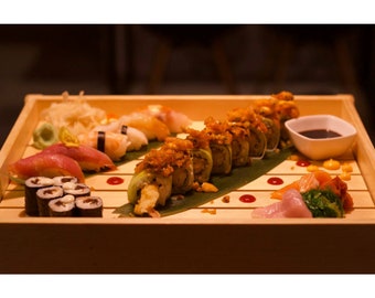 Large Wooden Sushi Serving Box – Handmade Pine Tray 45x20x7 cm, Japanese Food Presentation