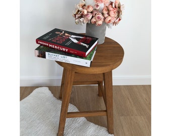 Round Solid Oak Stool Ø35x48 cm – Handmade Wooden Plant Stand, Rustic Seat, Minimalist Oak Furniture, Oil Finished