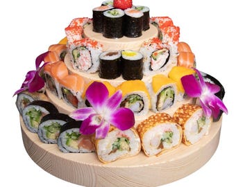 4-Tier Wooden Sushi Platter – Handmade Oak Sushi Stand (30/22/16/10 cm), Japanese Party Tray