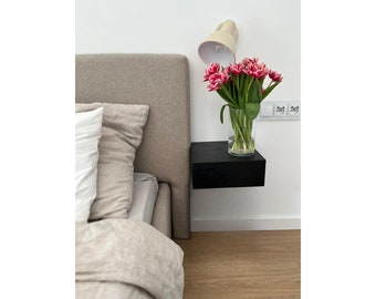 Black Floating Oak Nightstand with Drawer – 40x30 or 30x30 cm, Wall-Mounted Bedside Table, Handmade Modern Furniture
