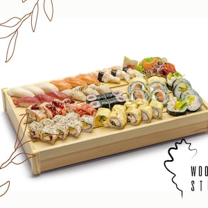 Extra Large Wooden Sushi Serving Box – Handmade Pine Tray 50x30x7 cm, Japanese Presentation Board