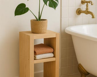 Solid Oak Display Shelf – 55x35x35 cm Minimalist Cabinet with 2 Shelves, Japandi Style, Natural Wood Finish, Handmade