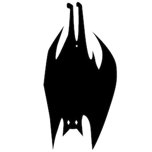 May include: Black silhouette of a bat hanging upside down with its wings spread out.