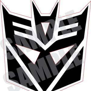 May include: Black and white stylized logo of the Autobot symbol, a stylized robot head with a triangular face and a series of parallel lines on the forehead.
