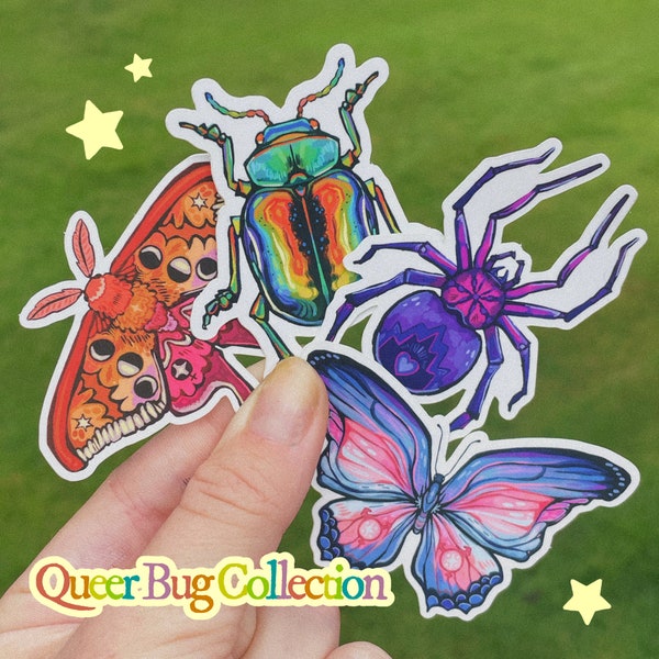 QUEER BUGS // 3x2 vinyl sticker collection lesbian, gay (mlm), bisexual, transgender, pansexual, and asexual LGBTQ+ pride stickers