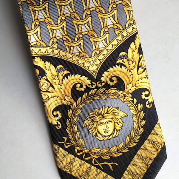 Vintage GIANNI VERSACE Silk Necktie / Hand Made / Medusa Gold Wreath/ Black - Golden Yellow Design - Silver - Small Polka Dots/ *Luxury Tie
