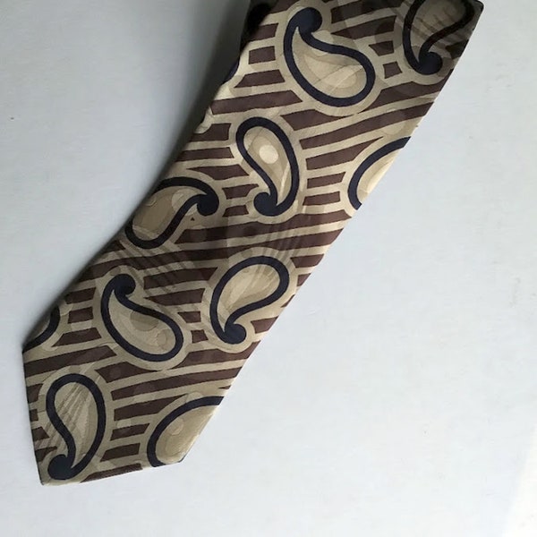 HUGO BOSS - Silk Necktie - Jacquard / Made In Italy / Vintage / Beige w/ Dark Blue Paisley Design among Diagonal Brown Stripes / Luxury Tie