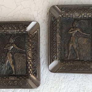 Vintage Cretan Bronze Metal Ashtrays / Depiction of The Prince of the Lilies - Ancient Greek Minoan Art / Made In Crete, Greece in the 1960s