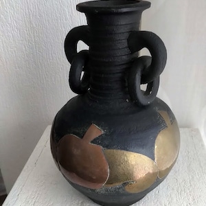 Vintage Mexican Pottery - Latge Clay Vase / from Puerto Vallarta, 1990 / Ring Handles - Copper & Brass Accents - Fruit